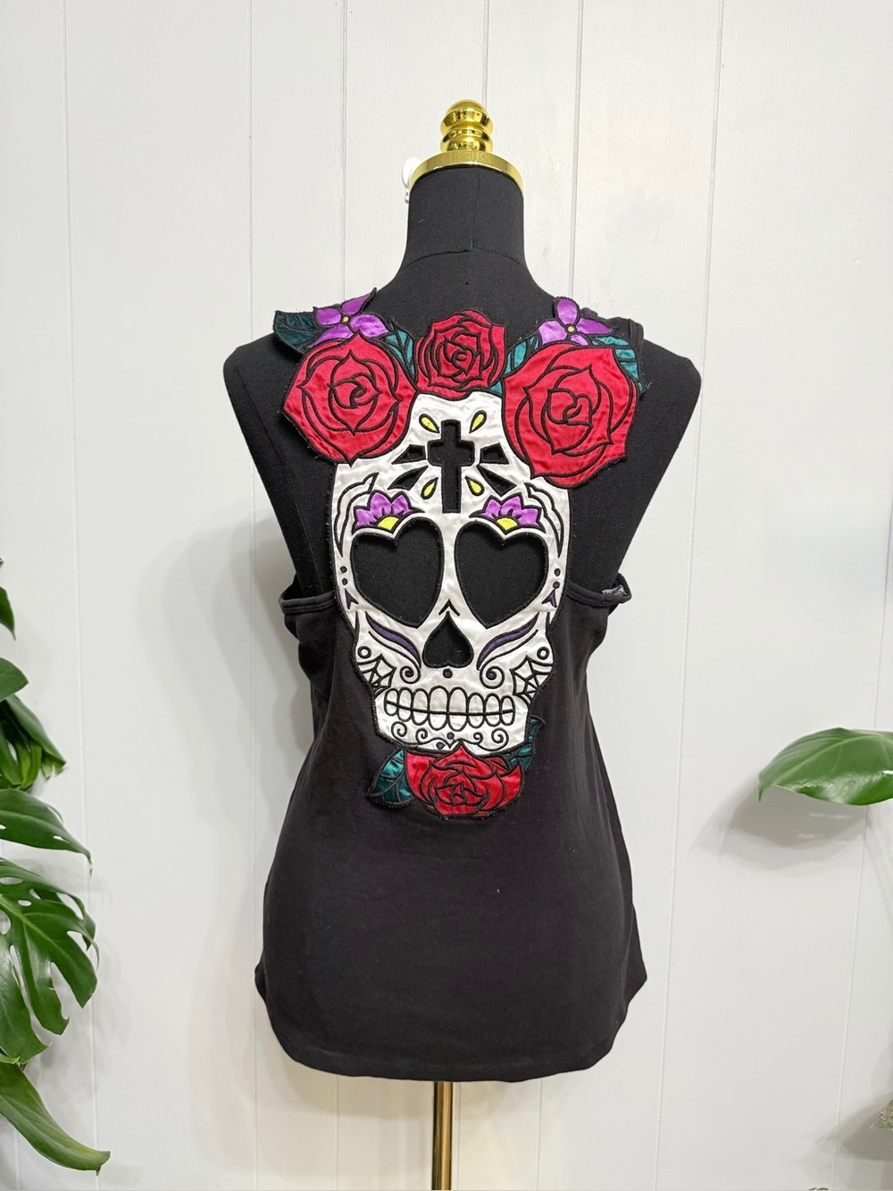 #18)  Hell Bunny Black Tank with White Sugar Skull & Red Rose Appliqué